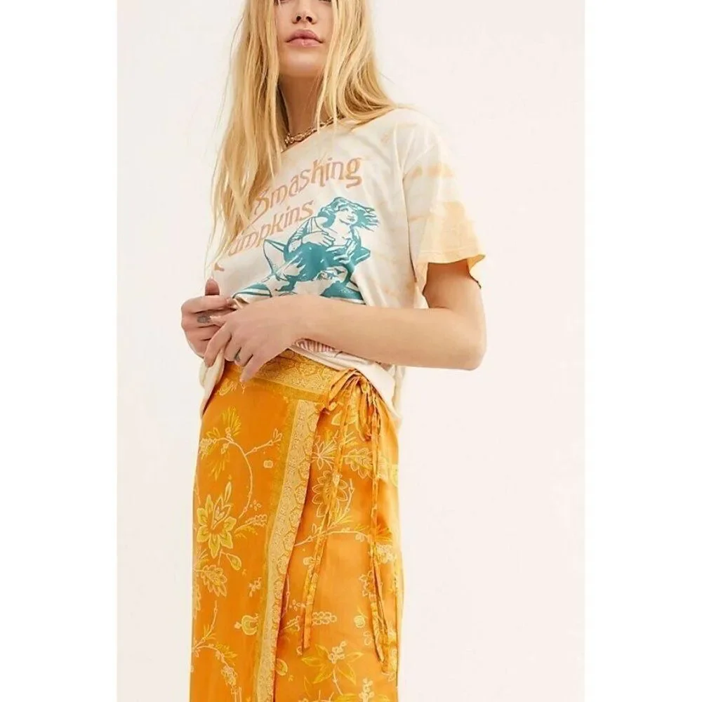 NEW FREE PEOPLE Sz 4 YASMIN BORDER PRINT WRAP MIDI SKIRT IN ORANGE NECTAR